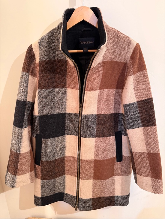 Pendleton Jackets & Blazers - Pendleton Brown and Cream Plaid Zip-Front Wool Peacoat